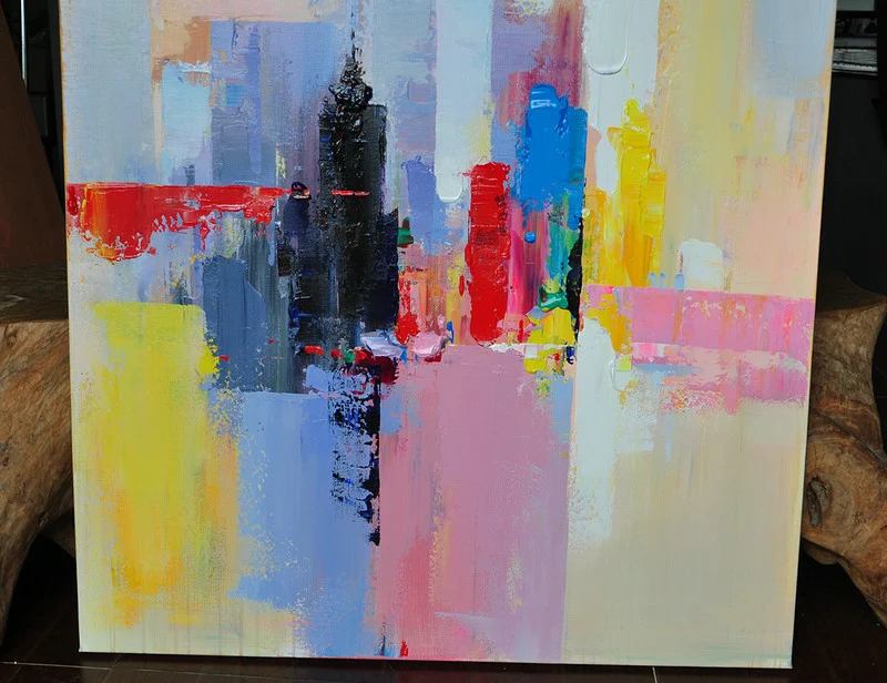 Colorful Hand-painted Cityscape Red Contemporary Abstract Canvas ZZLV9